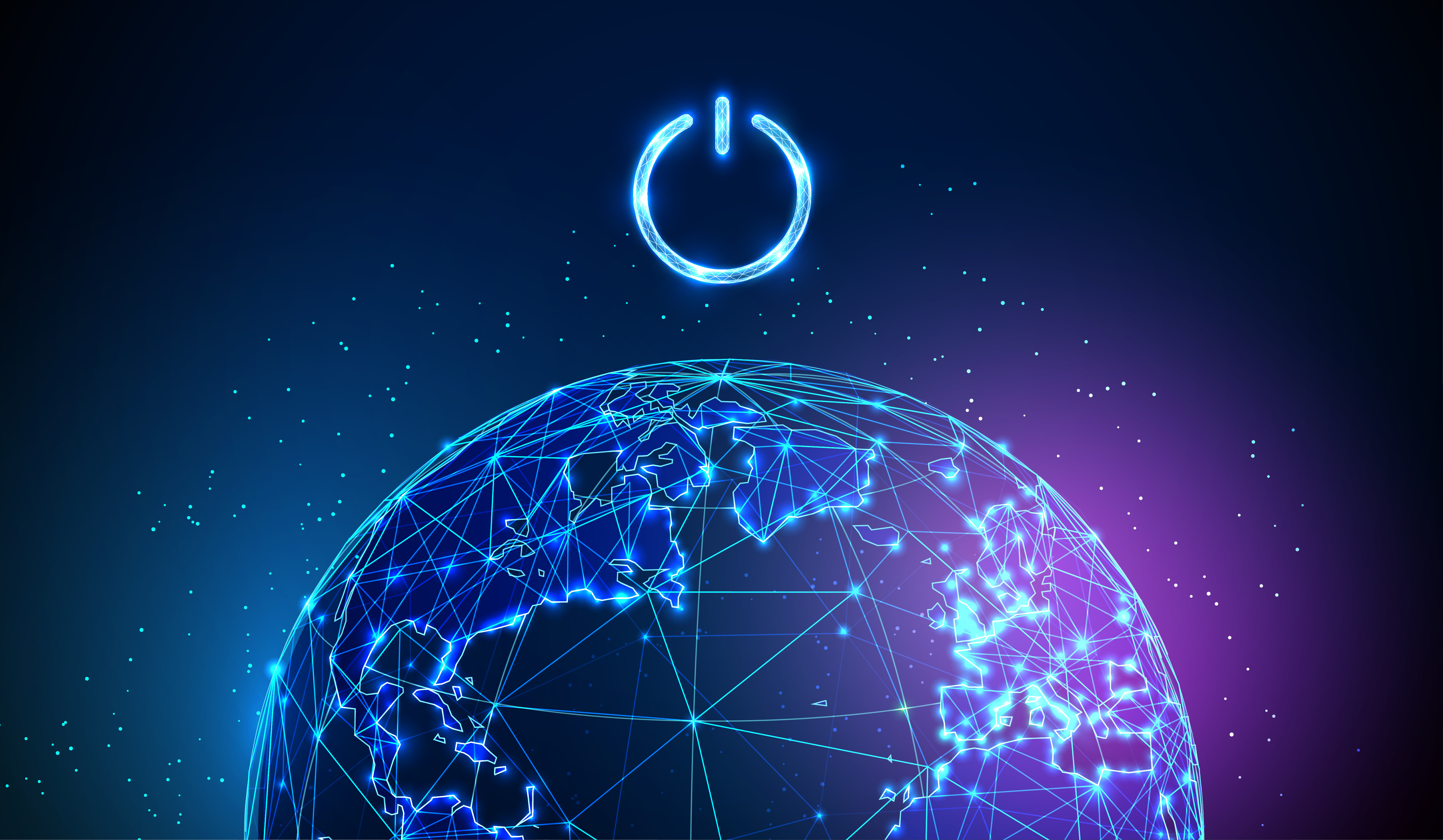 Abstract blue planet Earth with power button over it. Earth hour concept. Low poly style design. Geometric background. Wireframe light connection structure. Modern 3d graphic. Vector illustration.